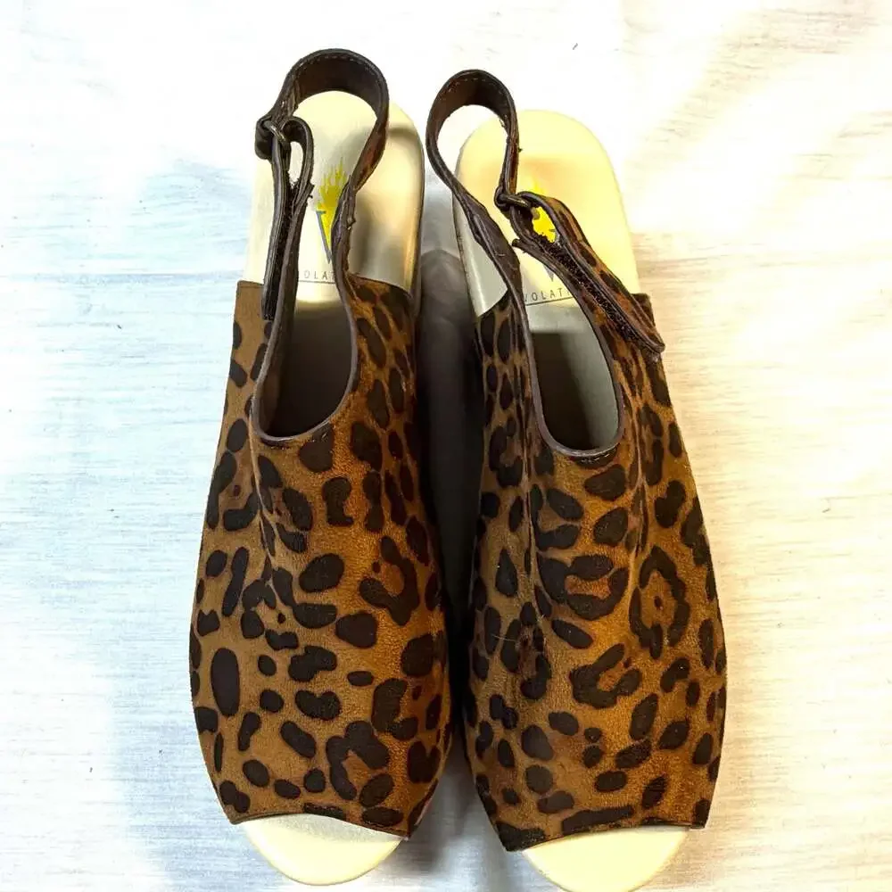 Volatile Leopard Print Suede Peep Toe Wedge Slingback Clog Platform Sandals Size
